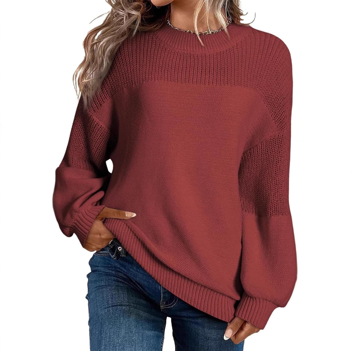 2026 Fall/Winter New Solid Color Lantern Sleeve Round Neck Long Sleeve Knit Sweater Top for Women