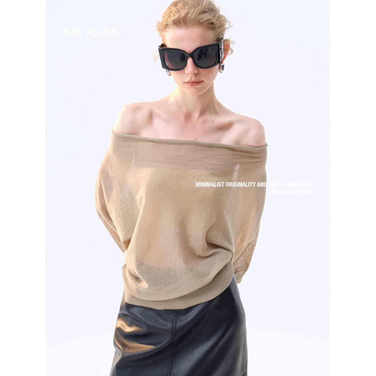 Mogas/2ways Cotton-Linen Blend Cool Slightly Sheer One-Shoulder Draped Neck Knit Top Lazy Style Women's Autumn