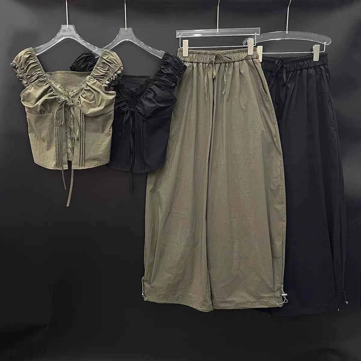 2026 Summer New Sweet Spicy Lace Trim Crop Top + Cuffed Wide Leg Casual Pants Set