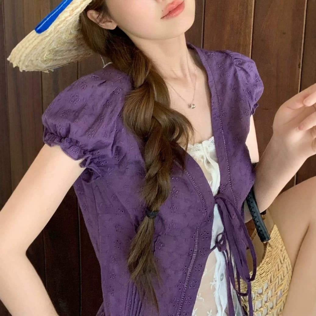 Faux Two-Piece Korean Design Lace Trim Short Sleeve Top Slim Fit Layered Tie Blouse