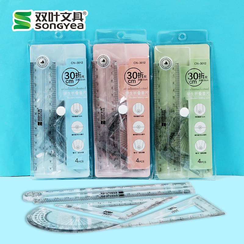 Back-to-School Factory Bulk 4-Piece Student Drawing Tool Set Multifunctional Stationery Simple Exam Folding Ruler Set
