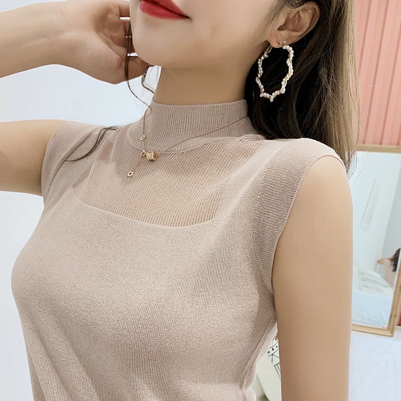 Sexy Camisole Vest for Women Spring Summer Outerwear Half High Neck Ice Silk Linen Knit Base Layer Sleeveless Top