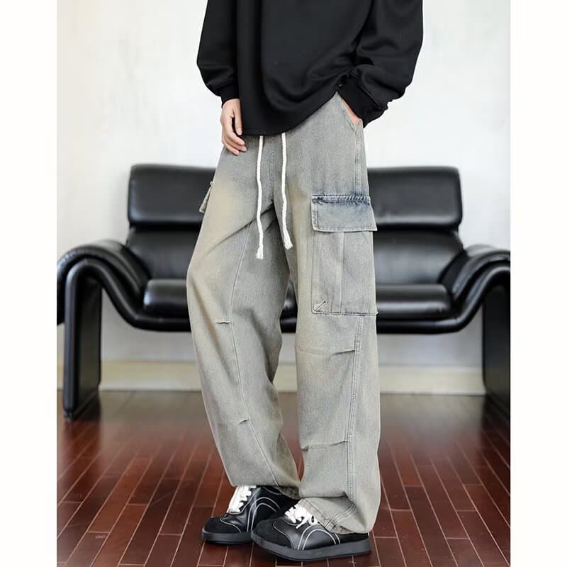 American retro Cargo paratrooper pants for men, trendy brand high street large pockets, loose casual dark pattern workwear denim trousers