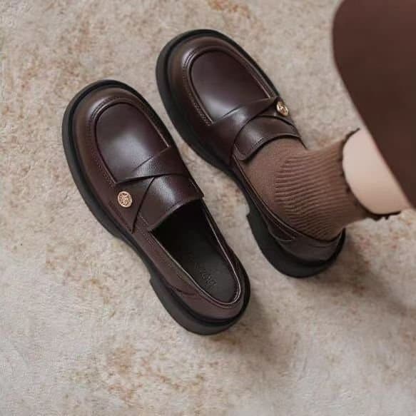 Women's British Style Soft Leather Loafers, Spring/Summer 2025, Chunky Heel, Slip-on, Retro, Versatile Leather Shoes