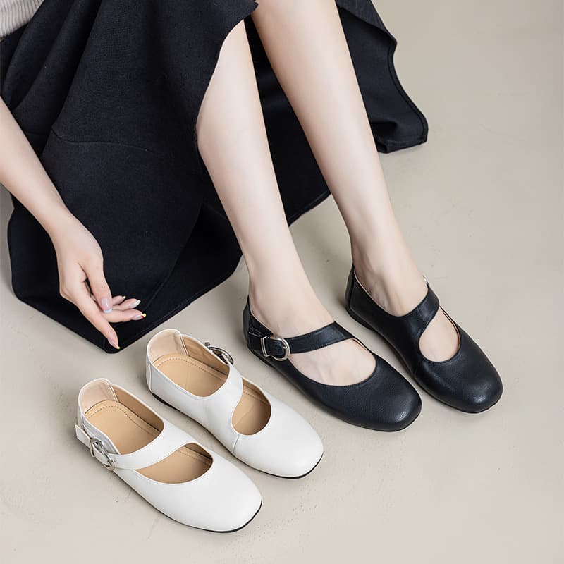 French-Style Versatile Casual Mary Jane Shoes, Square-Toed, Shallow-Mouth, Single-Strap Flats for Women, Retro Genuine Leather Flat Shoes