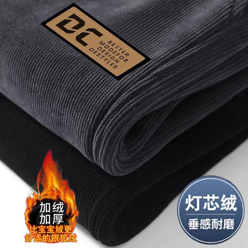 Corduroy Fleece Lined Sports Pants Men's Autumn Winter Loose Fit Casual Trousers Straight Leg Mid Waist Belted Leisure