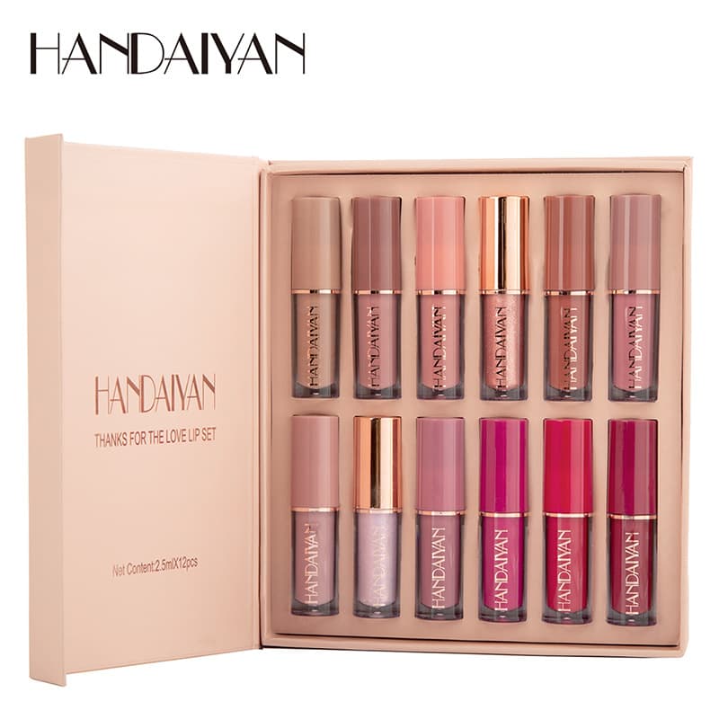 Cross-border Best Seller 12-Color Book Lip Gloss Set Liquid Lipstick Mirror Shine Pearl Waterproof Non-Stick Cup Lip Tint Wholesale