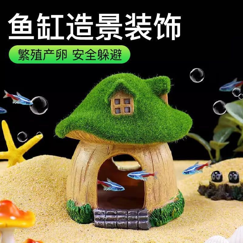 Aquarium Simulation Rock Decoration Set with Artificial Moss Mushroom House Resin Ornament ZR