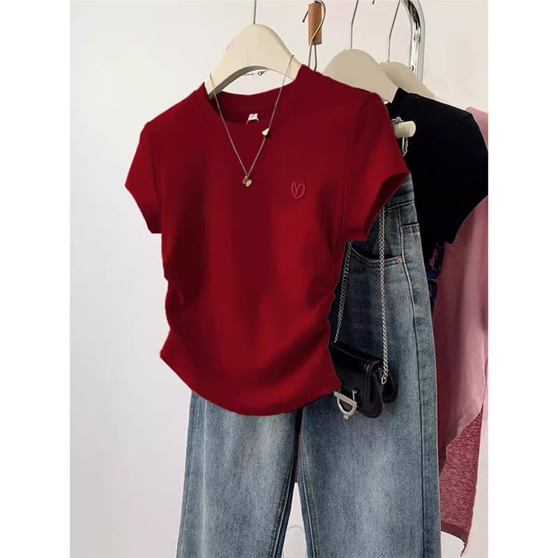 Red Heart Embroidery Short Sleeve T-Shirt Women's Summer Slim Fit Top Design Sensation Cotton Crew Neck Sweatshirt