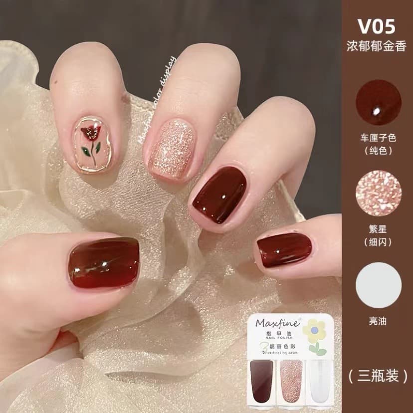 Maxfine three-color nail polish, no-wipe, quick-dry set, long-lasting, peel-resistant, water-based brightening nail art, in stock wholesale