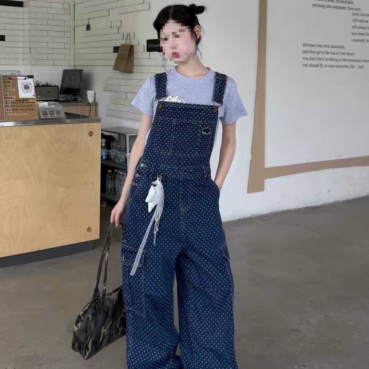 Blue Polka Dot Workwear Denim Overalls for Women, New Summer Niche Design Loose Wide-Leg Pants Dark Blue
