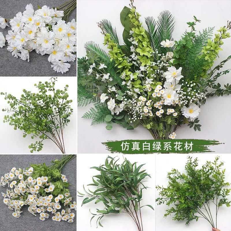 Wedding Simulation Flower White and Green Green Plant Leaf Material with Leaves Hotel Floral Decoration Ceiling Fake Leaf Flower Arrangement