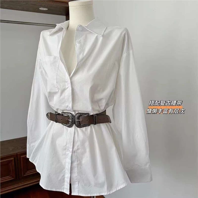 Zhao Lusi's same white irregular lapel shirt dress with belt hot girl design long-sleeved shirt for women