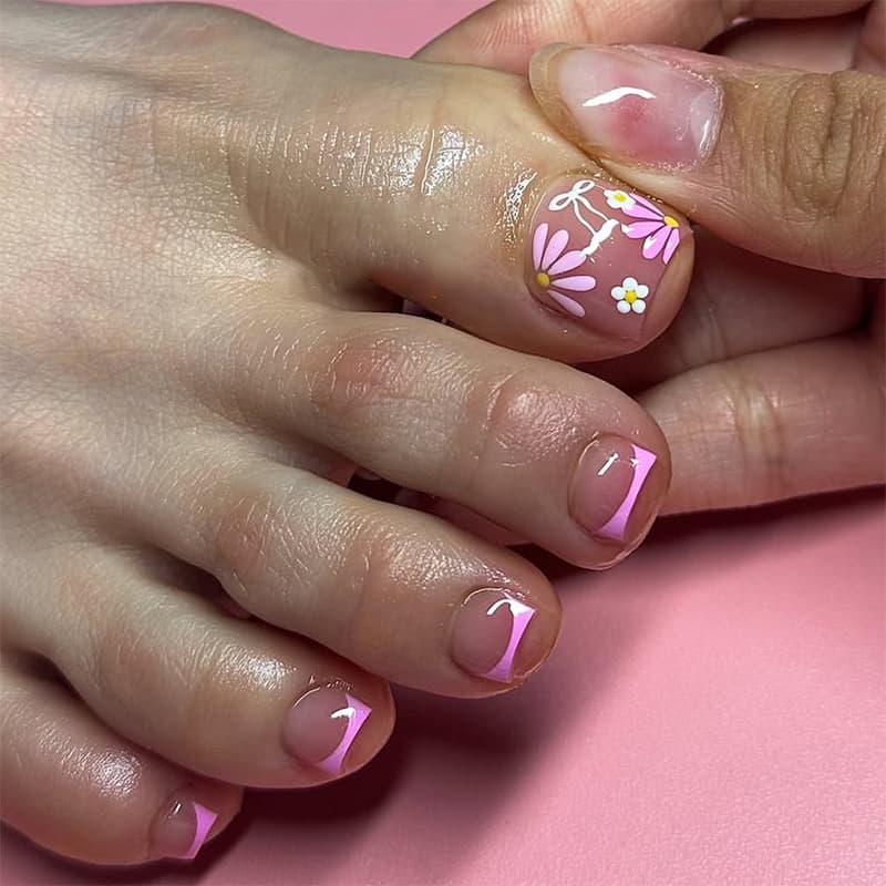 Spring fresh pink French wear nails pink flower bow toenails press-on false nails