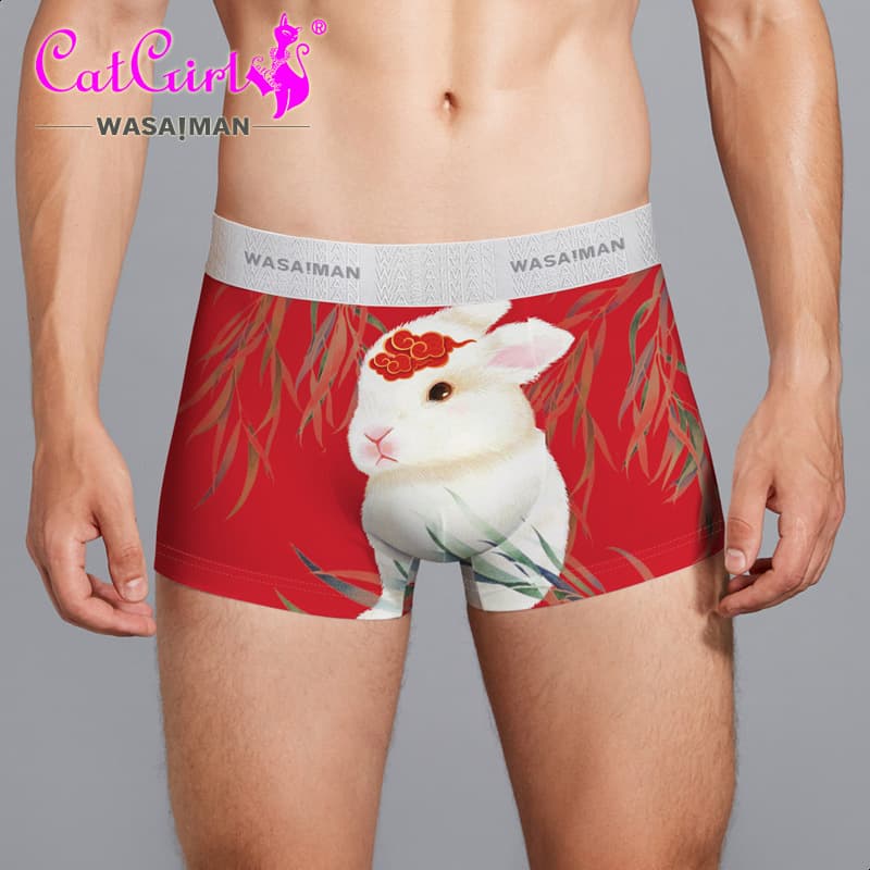Rabbit Red Underwear Men's Boxers Benmingnian Ice Silk Men's Underwear Boxer Underwear Rabbit Birthday Gift