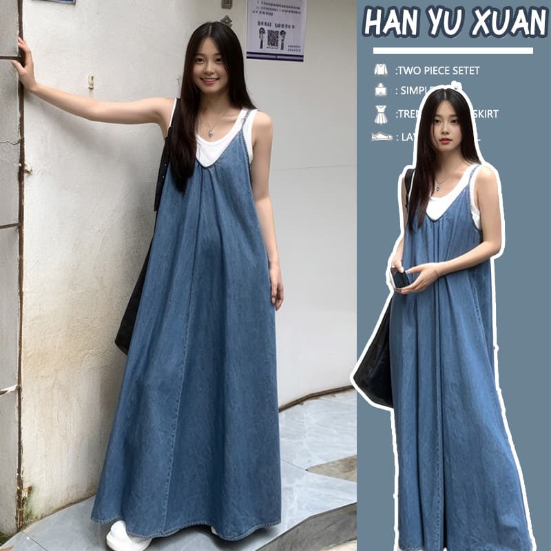 In Stock Maternity Denim Dress Versatile 2025 New French Chic Elegant Long Dress Camisole Two-Piece Set
