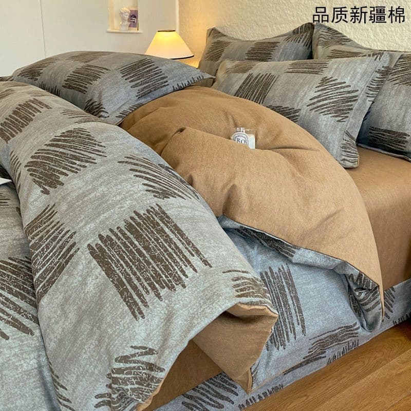 Class A 200-count thickened brushed 100% pure cotton four-piece set, pure cotton single duvet cover, fitted sheet, bed sheet, dormitory three-piece set