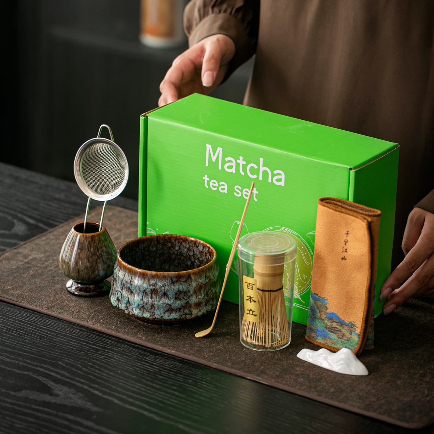 Cross-border exclusive for Amazon, Instagram-style Japanese ceramic tea whisking bowl, matcha bowl, tea whisk, tea ceremony set, Hyakuhon-stand