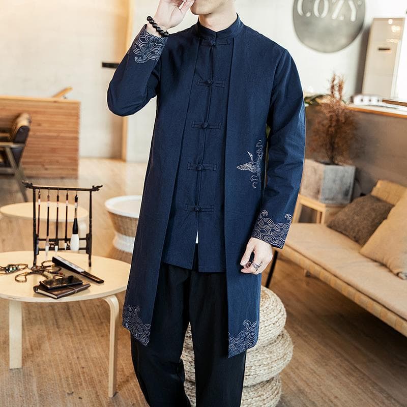 2022 Autumn/Winter New Chinese Style Men's Clothing Frog Button Trench Coat Hanfu Loose Jacket Youth Stand Collar Mid-Length Tang Suit