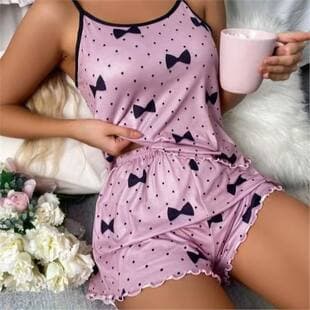Cross-Border European and American Summer Love Print Women's Pajama Two-Piece Set Sexy Casual Camisole Vest Shorts Loungewear Set