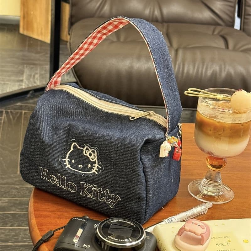 Cute Kitty Denim Vintage Handbag Ins High-Fashion Large Capacity Portable Tote Bag Women's Makeup Bag