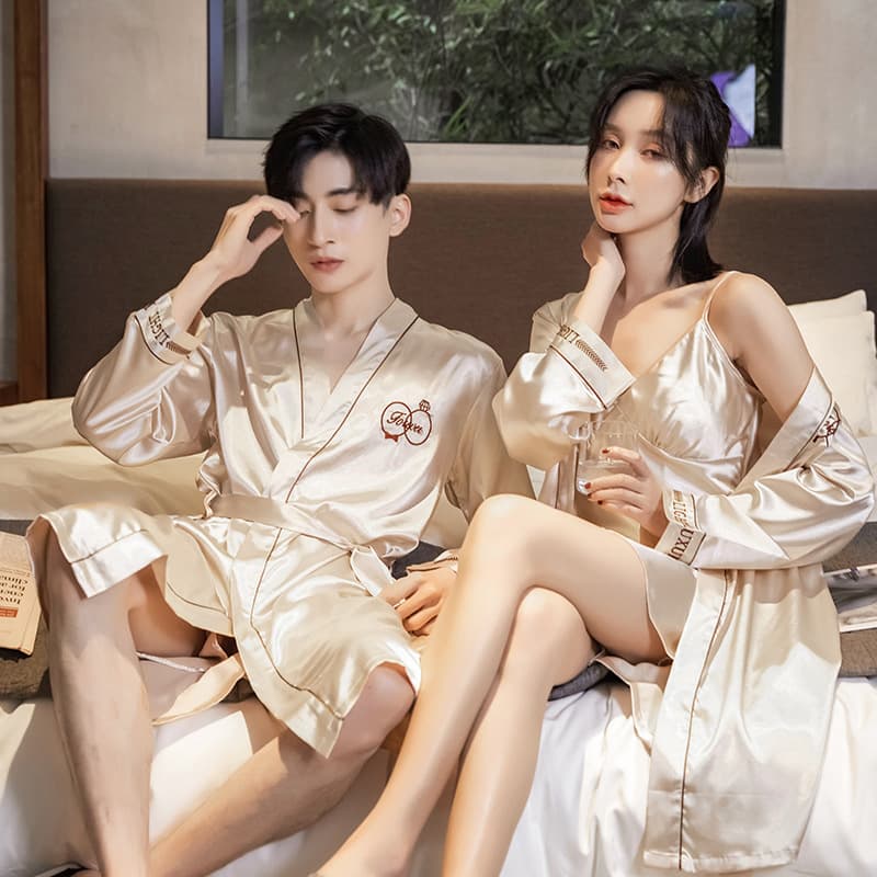 New Spring Autumn Silk Couple Pajamas Men's Nightgown Shorts Women's Summer Suspender Skirt Sexy Bathrobe Two-Piece Set Embroidered Text