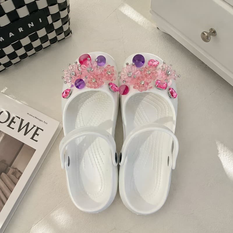 Crystal Mary Jane Shoes Ballet Flats Sandals Women's Hole Shoes Women Outdoor One-Strap Sandals Beach Shoes Home Slippers Women