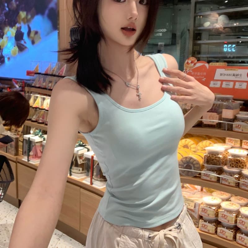 Spring/Summer Basic American Wide Strap Camisole for Women, Cotton Solid Color Stretchy Slimming Inner or Outer Wear, Beautiful Back
