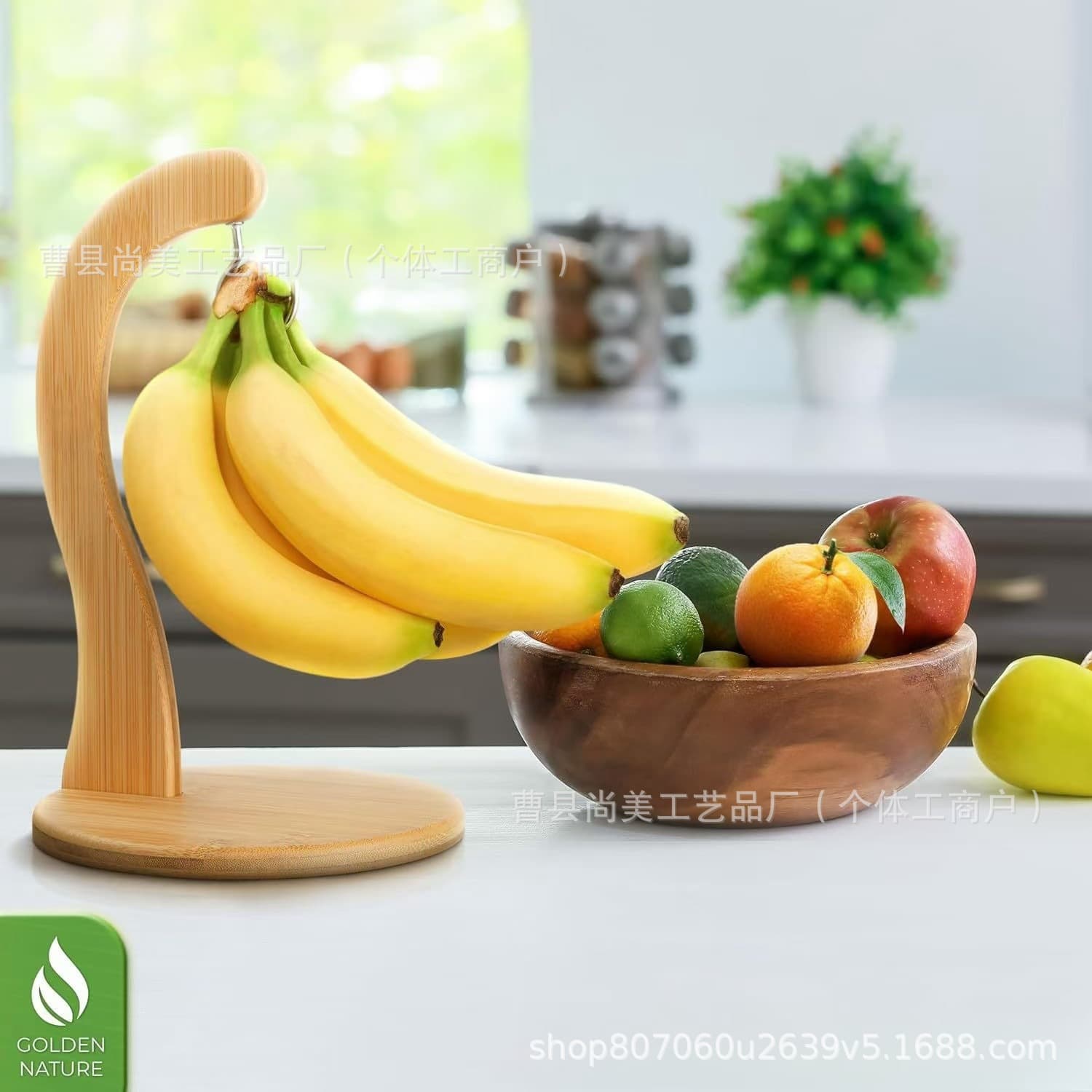 New Wooden Banana Rack Hanging Kitchen Shelf with Faux Leaf Decoration, Vertical Fruit Stand with Hooks