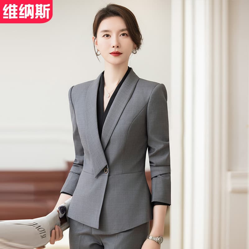 Gray Blazer for Women Autumn/Winter New Style Professional Suit Set for Hotel Jewelry Gold Shop Workwear