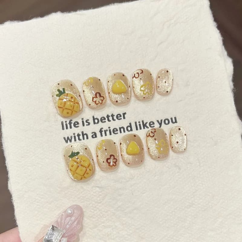 Summer New Style Pineapple Sweet Cat-Eye Wearable Nails with a High-End Feel, Finished Nail Patches, Nail Stickers, Nail Pieces