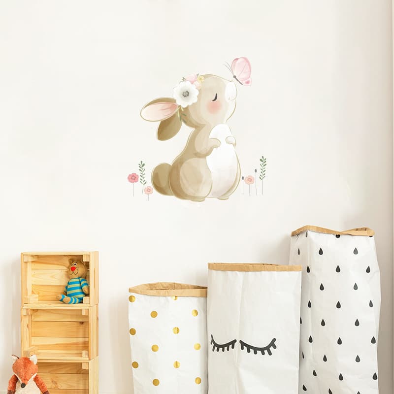 Cartoon Cute Rabbit Butterfly Wall Sticker Bedroom Living Room Home Background Decoration Removable Self-Adhesive Home Decor