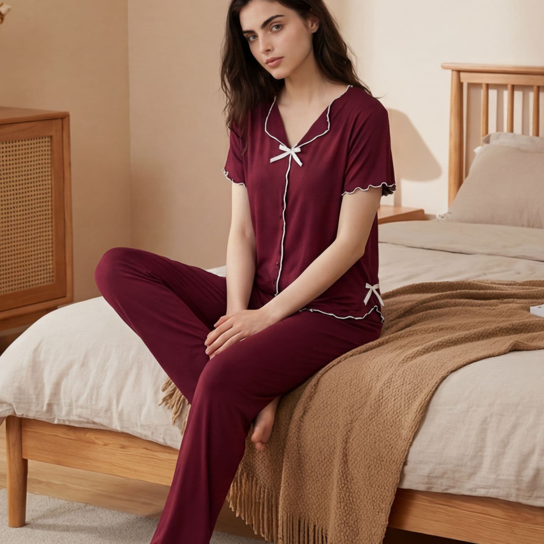 Cross-border wholesale women's short-sleeve pajama set, summer loose sweet bowknot casual home two-piece set