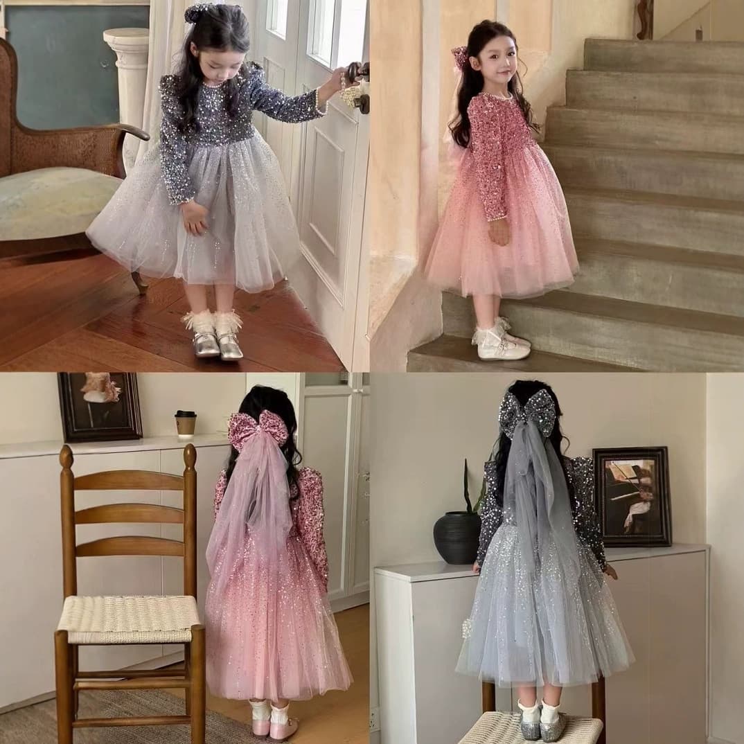 Girls' dress with sequins, veil, fleece lining, thickened, super fairy princess dress, 2025 winter new style, foreign trade children's clothing