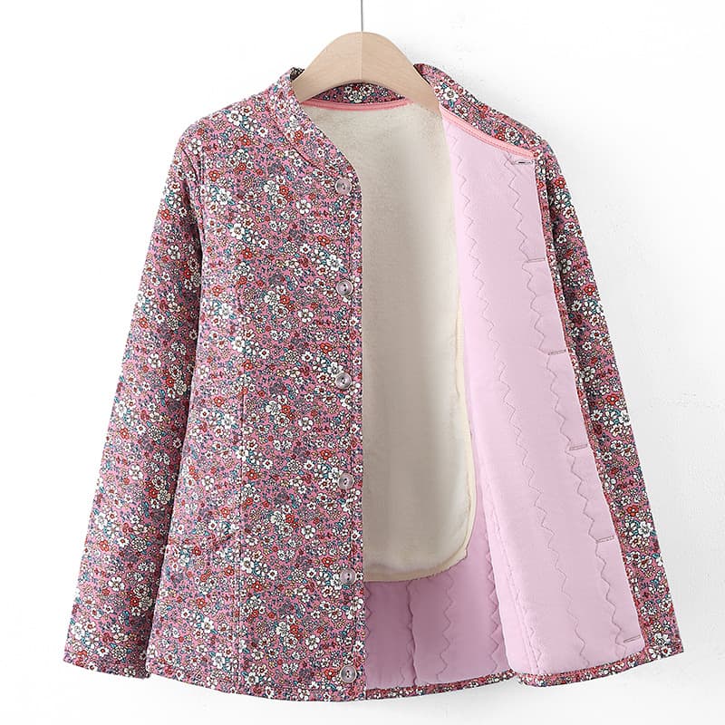 Winter fleece-lined floral print padded jacket for middle-aged and elderly women, lightweight inner cotton-padded coat, warm cotton-padded coat for grandmothers.