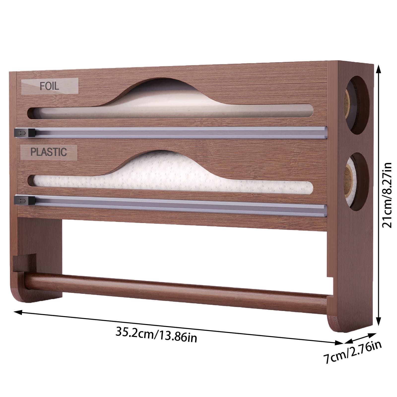 Kitchen Cling Film Cutter Box with Paper Towel Holder 3-in-1 Storage Rack for Foil Paper, Parchment Paper, Bamboo Storage Box