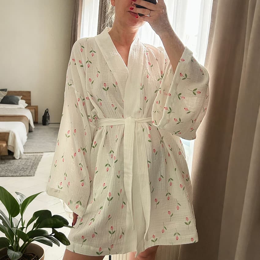 2025 Cross-Border Pure Cotton Pajamas Autumn and Winter Tulip Print Long-Sleeved Nightgown Bathrobe Cotton Silk Women's Home Wear Wholesale