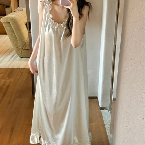 Korean ins Women's Summer Ruffled Gold Satin Nightgown with Padded Bra