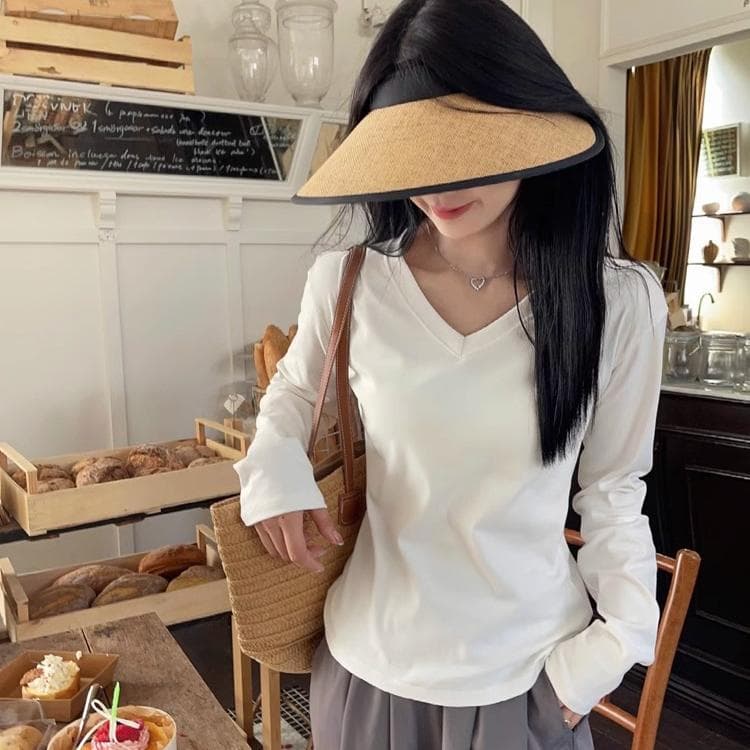 92 cotton spring and autumn American V-neck solid color cotton bottoming shirt with slim right shoulder long-sleeved T-shirt for women basic trendy style