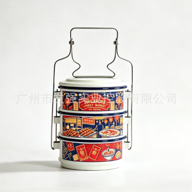 Hot red gold Lunar New Year style Malay Singapore retro lunch box enamel multi-layer lunch box picnic box