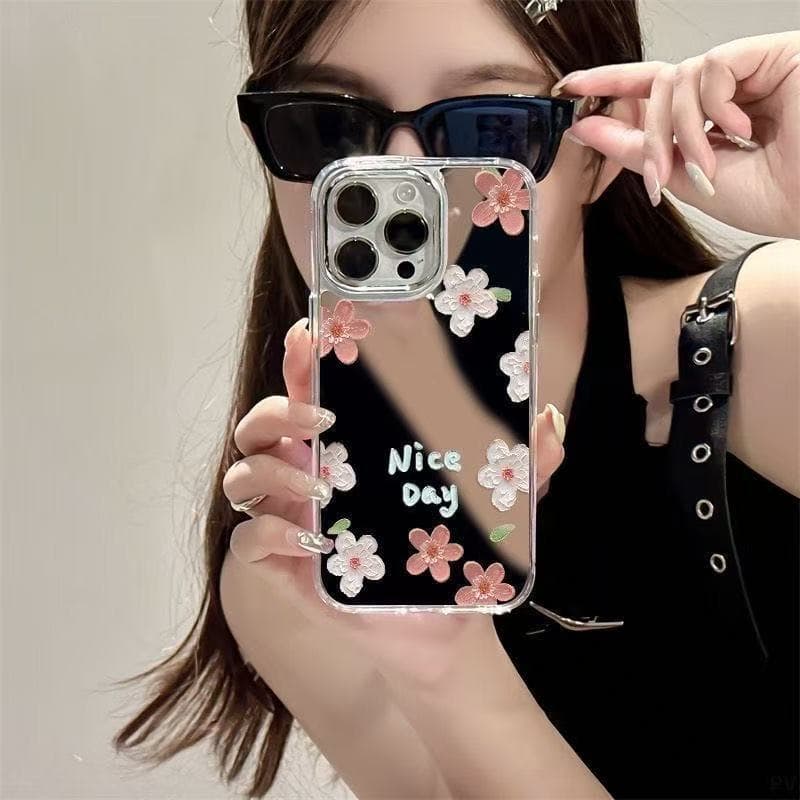 Makeup mirror floral suitable for iPhone16PROMAX mobile phone case Apple 12/11 mirror XR/13 Korean style 17 women