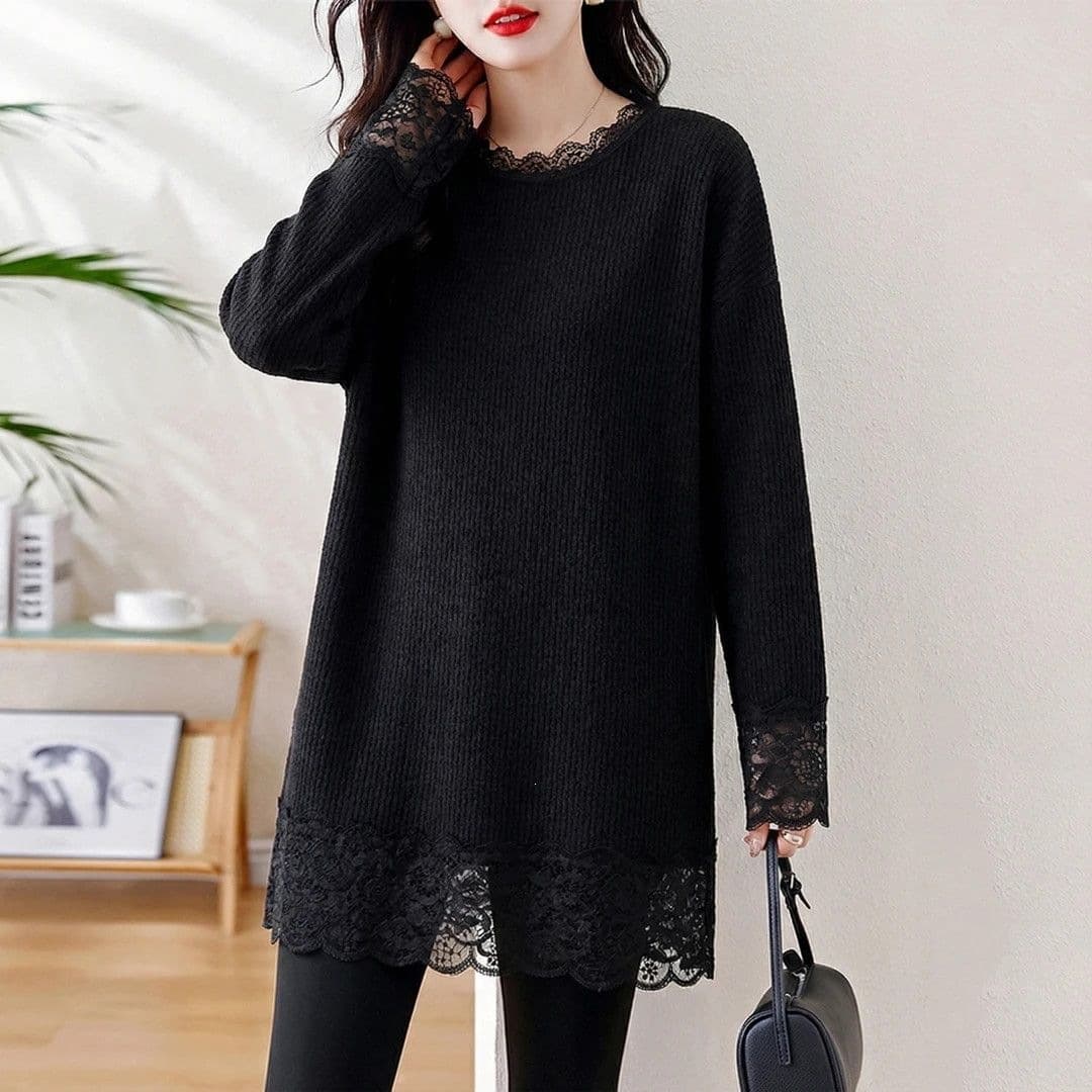 Plus Size 200lbs Women Maternity T-Shirt Autumn Winter New Plus Size Mid-Length Base Layer Lace Patchwork Loose Top