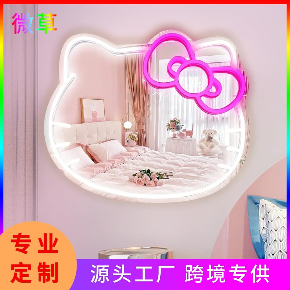 Anime Hello Kitty Mirror Light Neon Decoration Wall Decoration Girl Gift Makeup Mirror Room Decoration