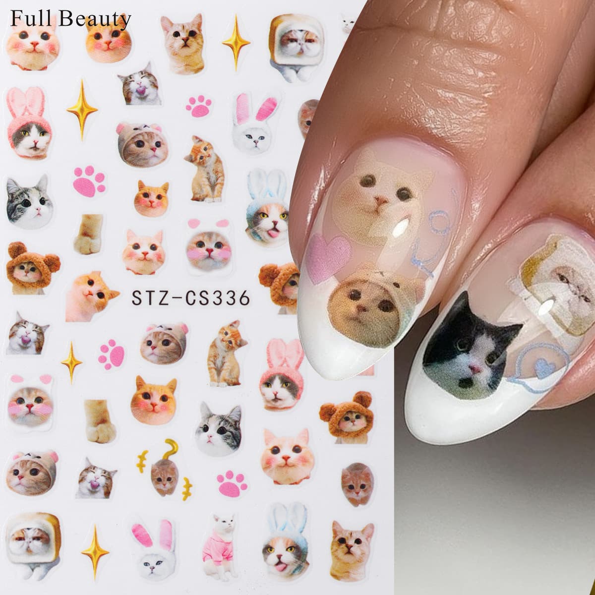 New Cute Ragdoll Cat Nail Stickers Imitation Hand-Painted Pet Internet-Famous Cat Expressions Cat Paw Adhesive Nail Wraps