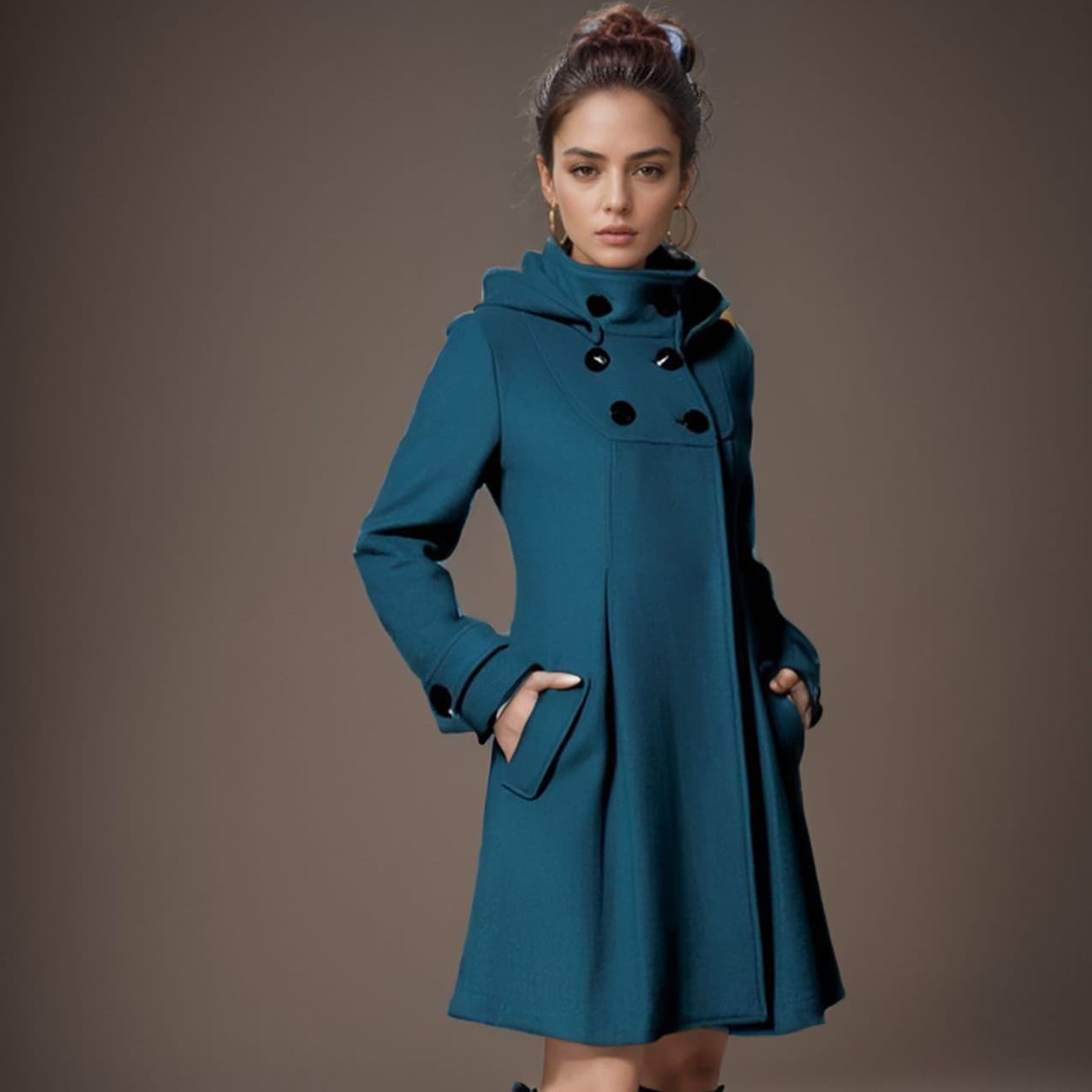 Women's Mid-Length Hooded Wool Coat Double-Breasted Cape Trench Coat