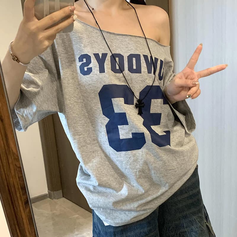American Pure and Sweet Off-Shoulder Short Sleeve T-Shirt for Women 2025 Summer Loose Simple Style Slimming Sweet and Spicy Top Trend