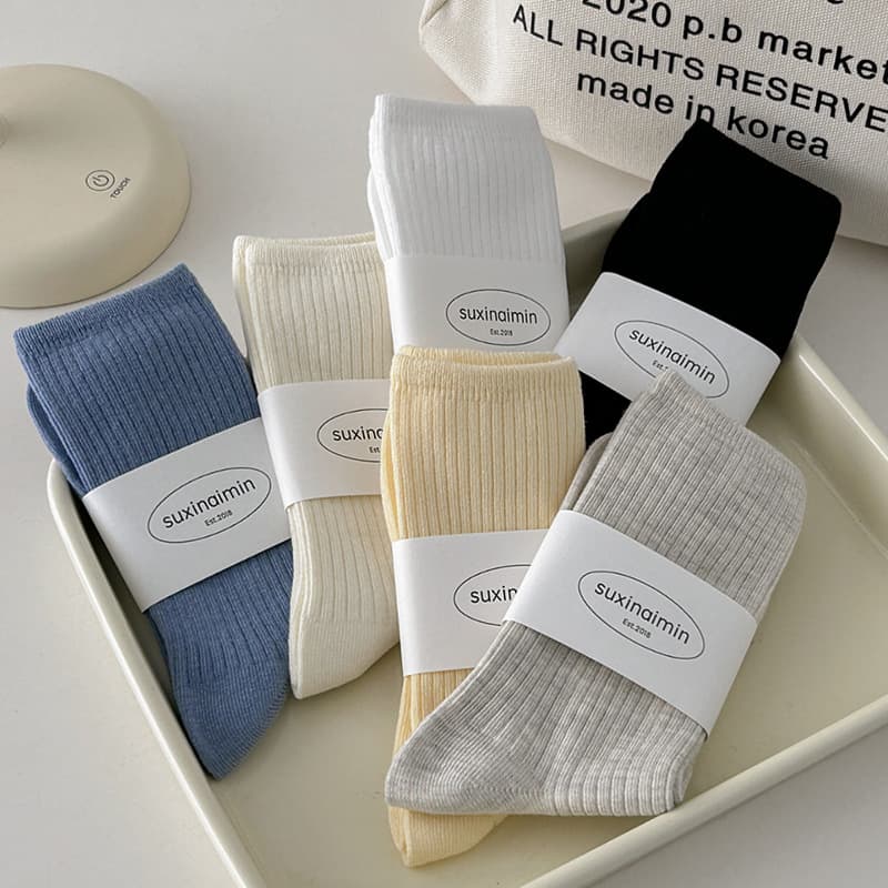 Suxinaimin Women's Mid-Calf Socks Vertical Stripes Pure Color Breathable Sweat Absorbent Cotton Japanese Style Socks