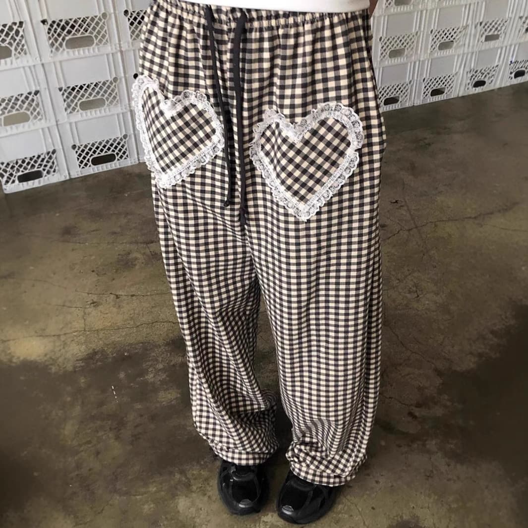 Y2K Korean style casual fashion elastic waist front love stitching pocket drawstring pants women's lace-up pants