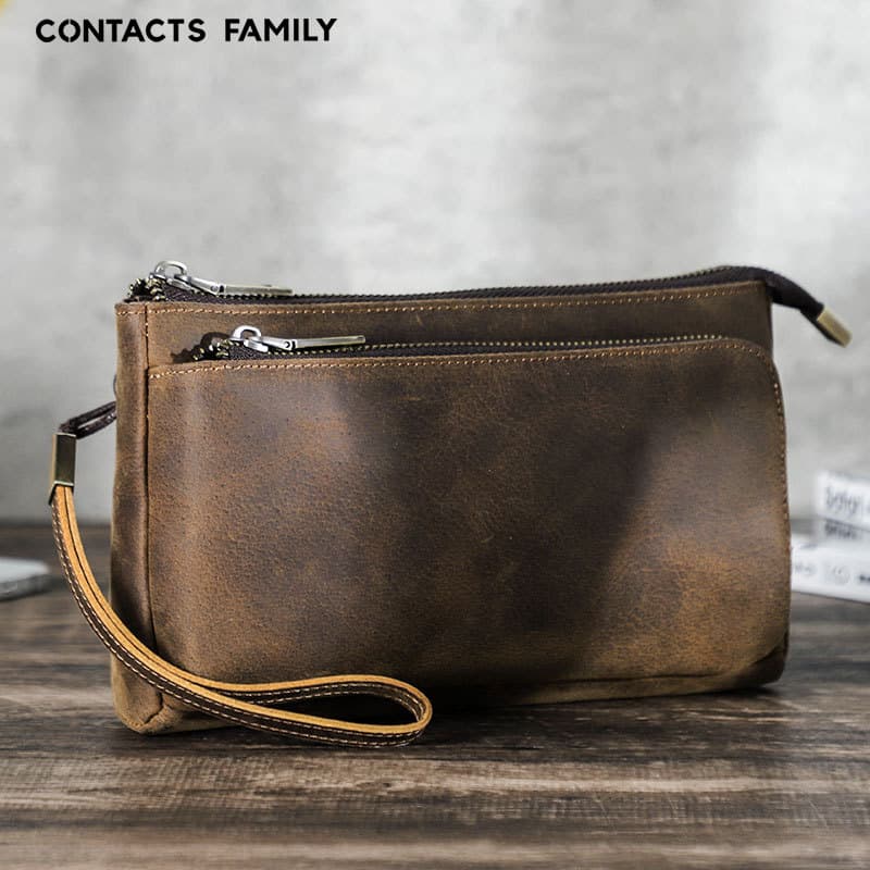 Crazy horse leather data cable power bag, handmade large capacity zippered tote, multi-functional phone accessory organizer