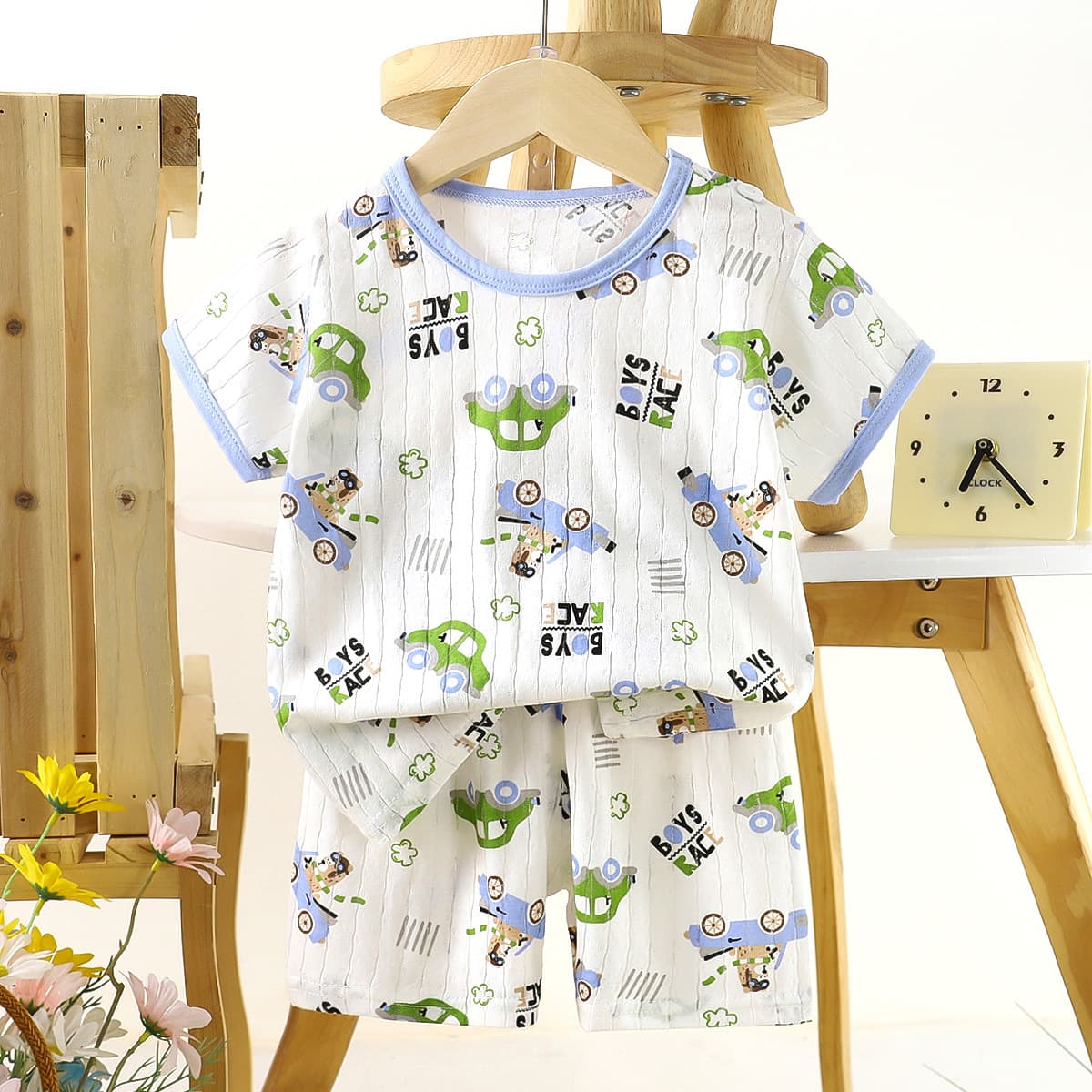 New Kids Cotton Short-Sleeve 2-Piece Set Summer Baby Outfit with Shorts, Cartoon Thin Loungewear